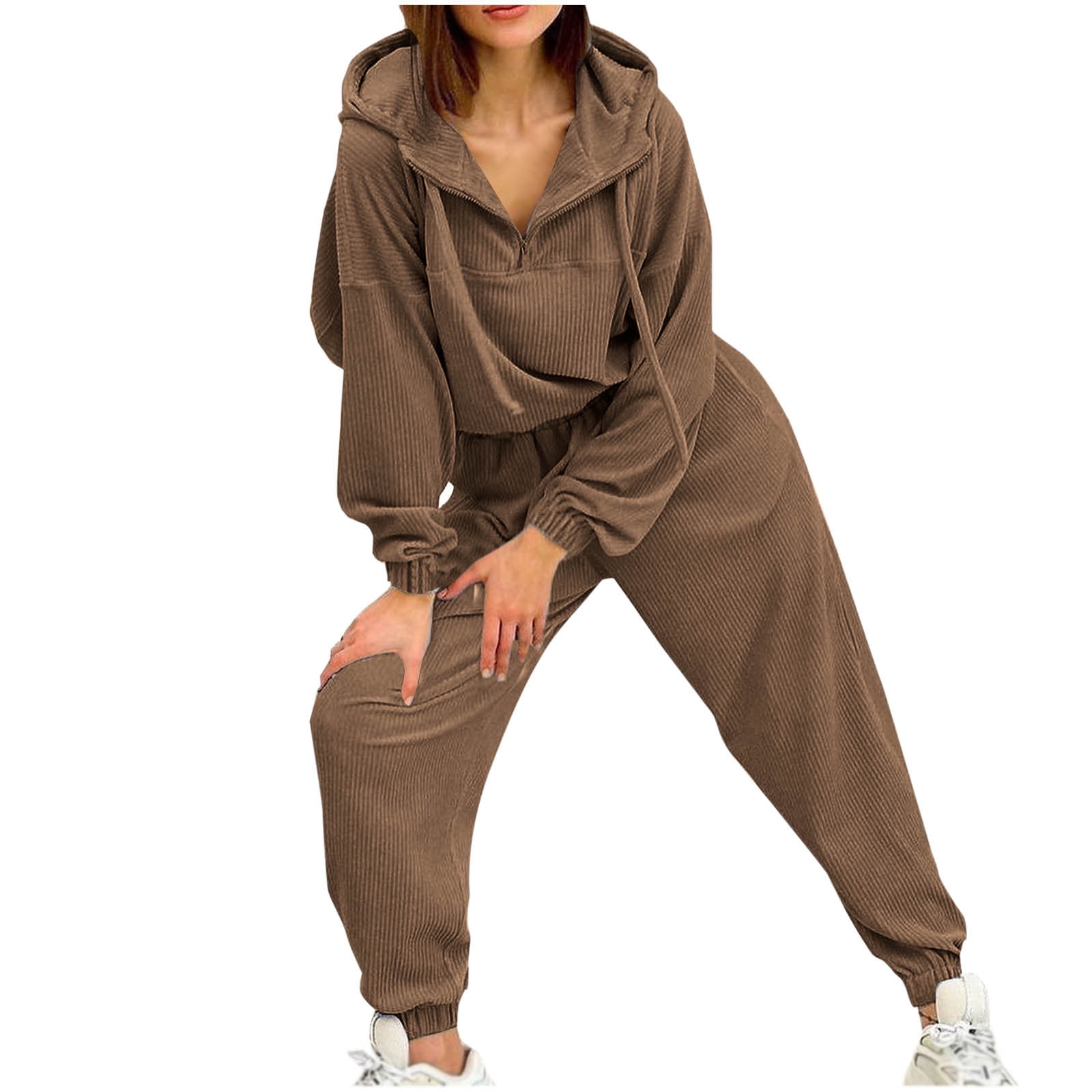 Two Piece Corduroy Sweatsuit Sets for Womens 1/4 Zipper Pullover Long