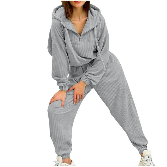 Two Piece Corduroy Sweatsuit Sets for Womens 1/4 Zipper Pullover Long Sleeve Hoodies Jogging Suits Lounge Outfits