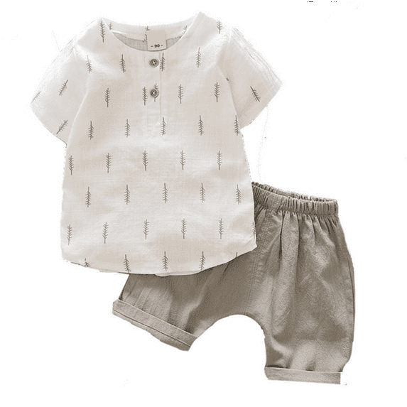 Two-Piece Cotton Linen Sets for Kids Boy Summer 2PCS Outfits Print T-Shirt with Pant Boys Casual Set