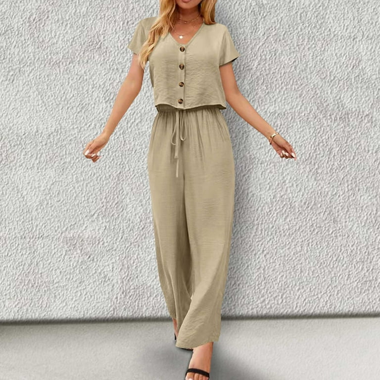 Two Piece Cotton Linen Sets for Women V Neck Short Sleeve Cute Tops Casual  Drawstring Wide Leg Pants Outfits