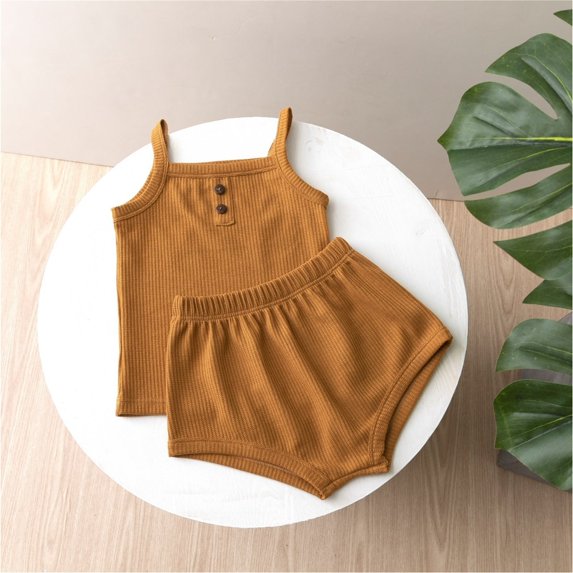 Two Piece Cotton Sets for Girls 9M-4Y Cute Sleeveless Tank Tops and Shorts Outfits Toddlers Kids Solid Color Ribbed Going-Out Loungewear Set