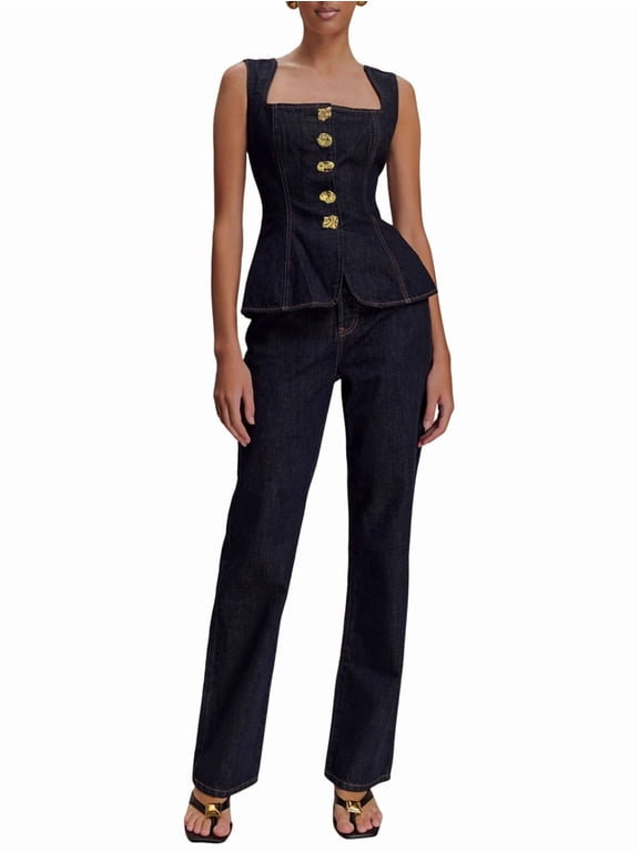 Two Piece Denim Set Button Down Denim Vest and Straight Leg Jeans Business Casual Outfits Pants Suit Dressy Casual Black S