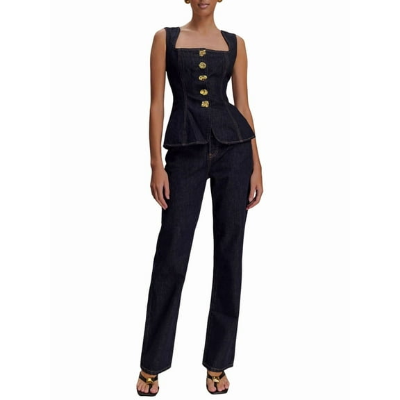 Two Piece Denim Set Button Down Denim Vest and Straight Leg Jeans Business Casual Outfits Pants Suit Dressy Casual Black XL