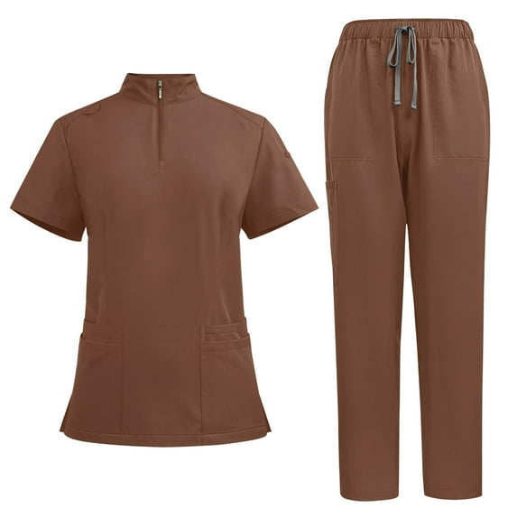 Two Piece Dress Sets for Women Nurse Set Suit, Womens Uniforms, Ladies Solid Color V-Neck Pocket Tops with Elastic Drawstring Waist Cargo Pants Scrub Set Pant Sets for Women Clothing Brown XL