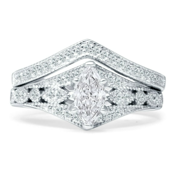 Two Piece Eternity Marquise Cubic Zirconia Bridal Band Ring 925 Sterling Silver Size 8