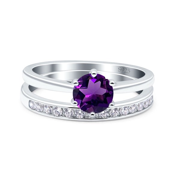 Two Piece Eternity Natural Amethyst Wedding Round Ring 925 Sterling Silver Size 6
