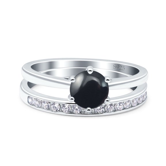 Two Piece Eternity Natural Black Onyx Wedding Round Ring 925 Sterling Silver Size 5