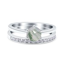 Two Piece Eternity Natural Green Moss Agate Wedding Ring 925 Sterling Silver Size 5