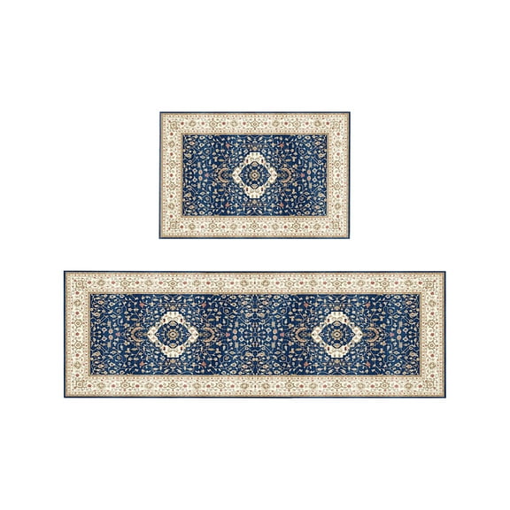 Two Piece Ethnic Kitchen Rug Set Non-Slip Absorbent Floor Mats - 15.75x23.62in & 15.75x47.24in Bathroom Sink Stove Anti Fatigue Machine Washable Door Mats, Multicolor Polyester Rugs