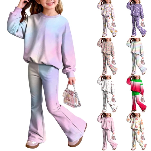 Two Piece Fall Sweatsuit For Girls Stretch Crew Neck Sweatshirt Blue Purple Haze Ombre Print Casual High‑Rise Flare Pants Matching Girls Outfit Sets