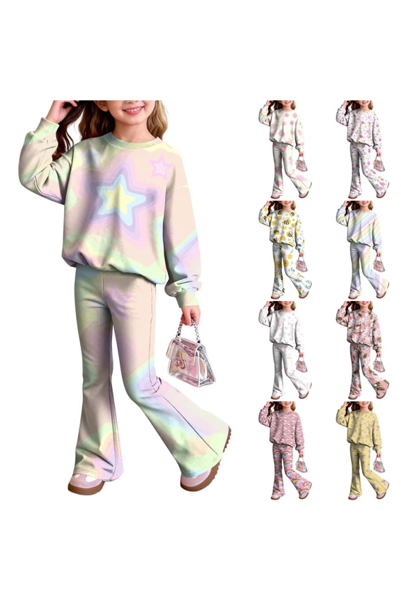 Two Piece Fall Sweatsuit For Girls Stretch Crew Neck Sweatshirt Muted Rainbow Star Ombre Print Casual High‑Rise Flare Pants Matching Girls Outfit Sets