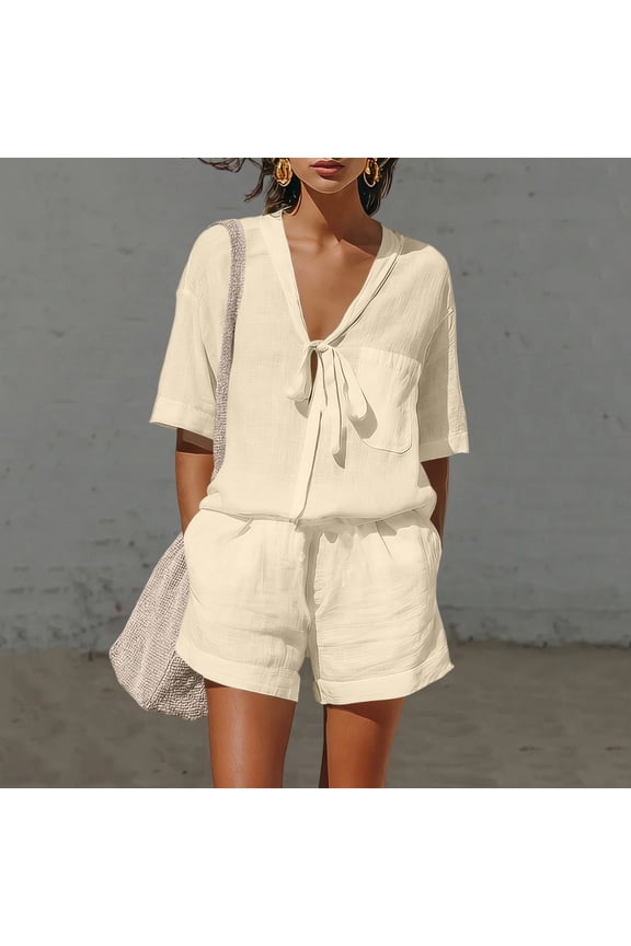 Two-Piece Fashion Woman Round Neck Sleeveless Blouse And Loose Pockets Pants Set