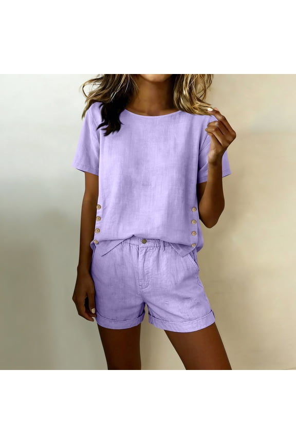 Two-Piece Fashion Woman Round Neck Sleeveless Blouse And Loose Pockets Pants Set