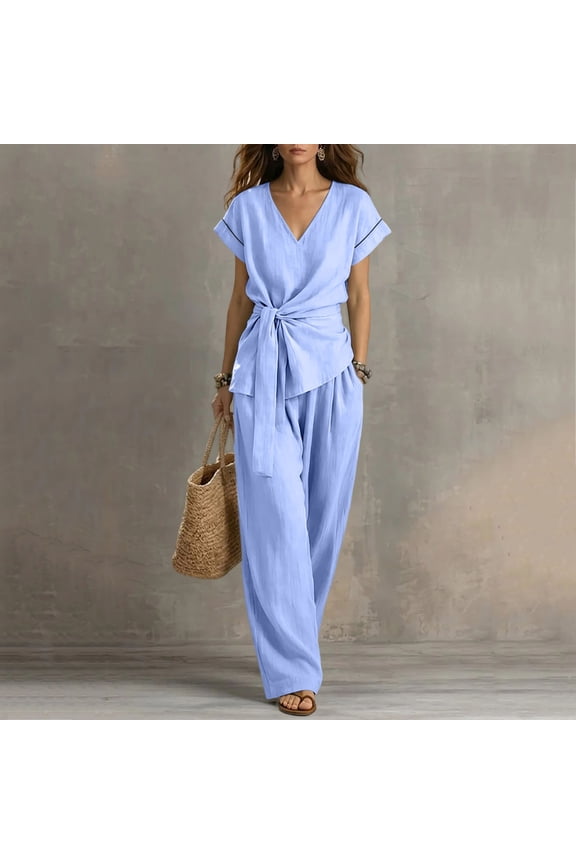 Two Piece Fashion Woman Round Neck Sleeveless Blouse Plus Loose Pockets Pants Sets