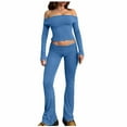 thumbnail image 1 of Two Piece Flare Pants Set for Women Going Out Off Shoulder Top and Bell Bottom Leggings Slim Fit Sports Yoga Outfits (Medium, Blue 01), 1 of 6