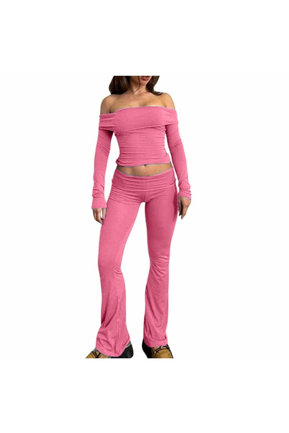 Two Piece Flare Pants Set for Women Going Out Off Shoulder Top and Bell Bottom Leggings Slim Fit Sports Yoga Outfits (Medium, Pink)