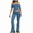 thumbnail image 1 of Two Piece Flare Pants Set for Women Going Out Off Shoulder Top and Bell Bottom Leggings Slim Fit Sports Yoga Outfits (X-Large, Blue #1|Short-sleeve), 1 of 6