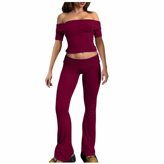 Two Piece Flare Pants Set for Women Going Out Off Shoulder Top and Bell Bottom Leggings Slim Fit Sports Yoga Outfits (X-Large, Wine|Short-sleeve)