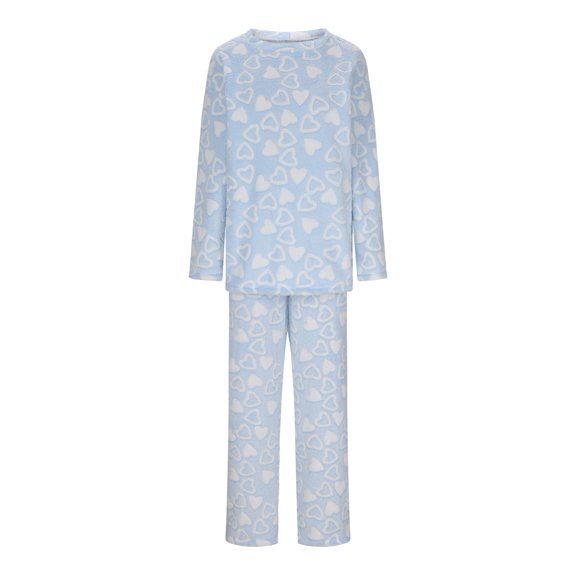 Two Piece Fleece Pajamas Sets for Women Cute Heart Print Sleepwear Comfy Flannel Soft Pjs Loungewear Outfits New Fall Outfits Set for Women Dressy Light Blue XL