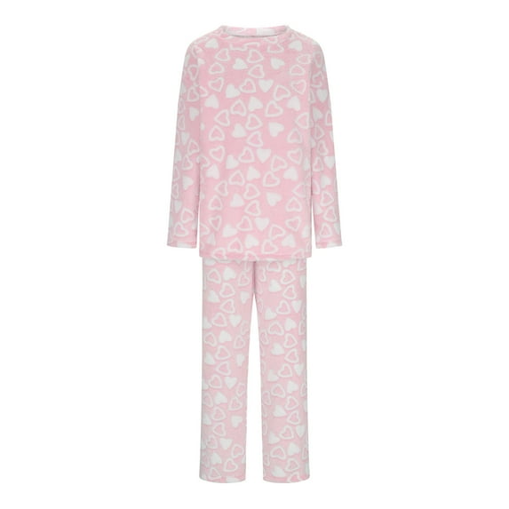 Two Piece Fleece Pajamas Sets for Women Cute Heart Print Sleepwear Comfy Flannel Soft Pjs Loungewear Outfits New Pajama Pants Women Pinky XXL
