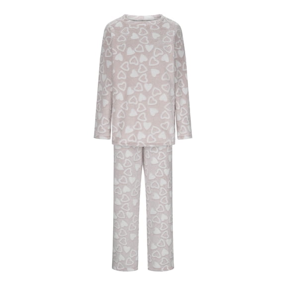Two Piece Fleece Pajamas Sets for Women Cute Heart Print Sleepwear Comfy Flannel Soft Pjs Loungewear Outfits New Soft Pajama Set for Women Khaki XL