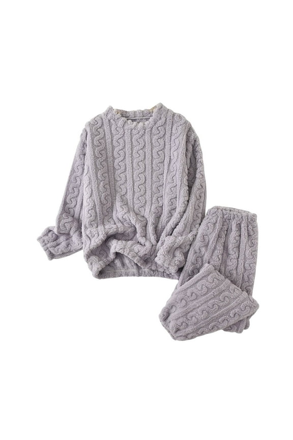 Two Piece Fuzzy Lounge Sets for Women Fuzzy Long Sleeve Round Neck Casual Fleece Warm Pajama Matching Set Homewear