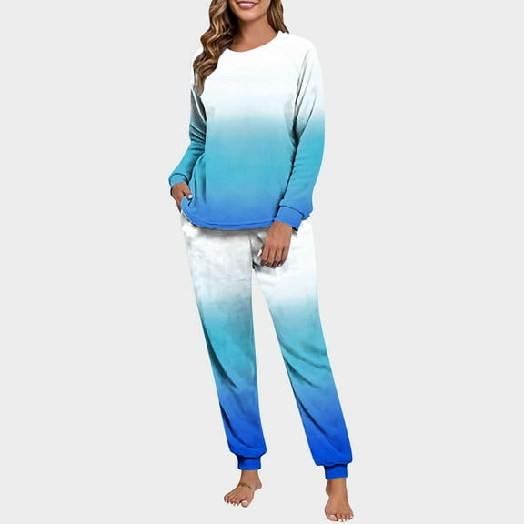 Two Piece Fuzzy Loungewear Outfits for Women, Loose Casual Long Sleeve Pullover Tops Jogger Pants Winter Warm Flannel Fleece Sleepwear Pajama Sets Blue XXL