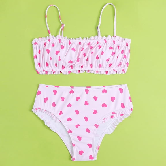 Two Piece Girl Swimsuit Bikini Beach Heart Print Swimsuit Girls Cute Girls Swimsuits Size 6-8 Years