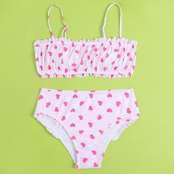Two Piece Girl Swimsuit Bikini Beach Heart Print Swimsuit Girls Cute Girls Swimsuits Size 6-8 Years