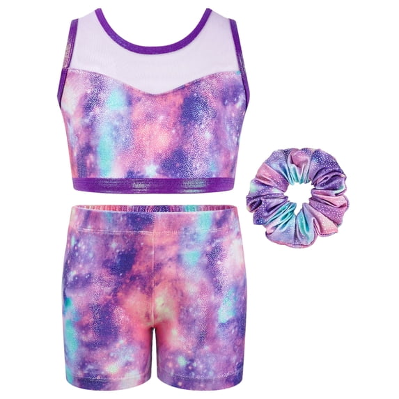 2PCS Gymnastics Leotards for Girls, Hollow Back Design Sparkly Dance Biketards with Shorts Ballet Tumbling Outfit for Girl 5-10 Years