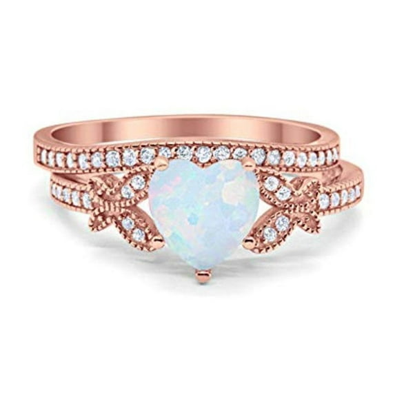 Two Piece Heart Promise Ring Rose Tone Lab Created White Opal 925 Sterling Silver Size 8