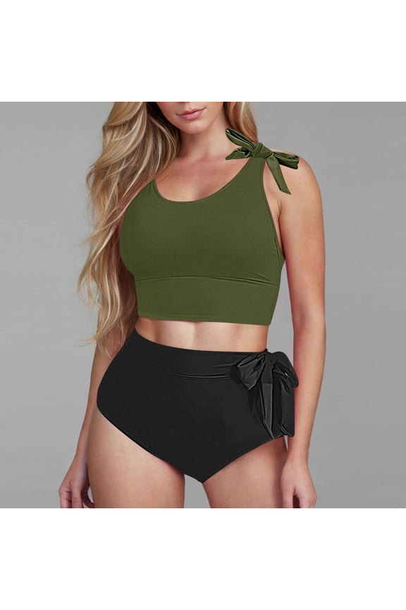 Two Piece High Waisted Swimsuits - Women Tummy Control Bikini Modest Bathing Suit 2PC 2026 Army Green 2XL