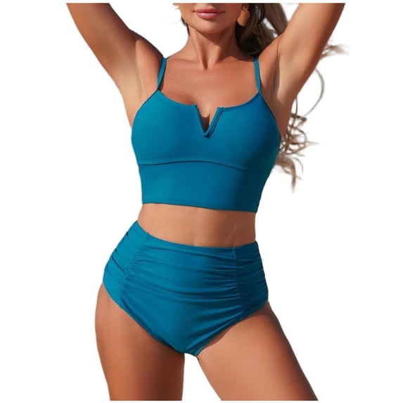 Two Piece High Waisted Swimsuits Womens Beach Fashion Sporty Bathing Suit Solid Color Swimwear Summer 2026 (L, Navy)