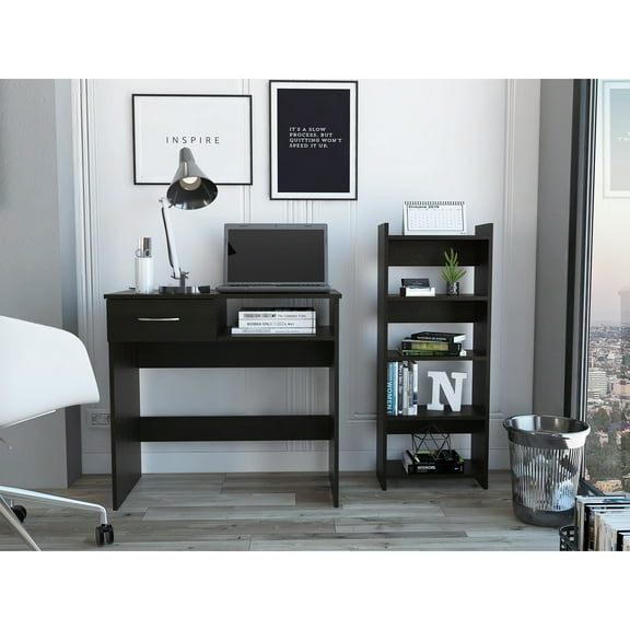 Two Piece Home Office Furniture - Rectangular Black Computer Desk With Lockable Storage, Pine, Industrial Style, Freestanding, H-shape Base, Engineered Wood Construction Feature, Body