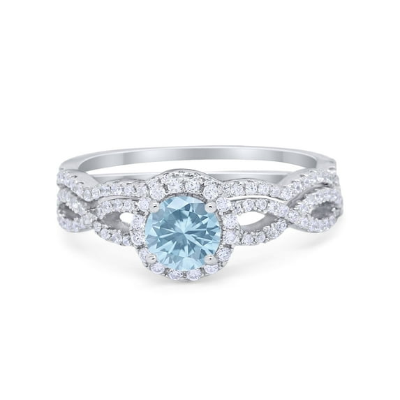 Two Piece Infinity Shank Round Ring Aquamarine CZ 925 Sterling Silver Size 7
