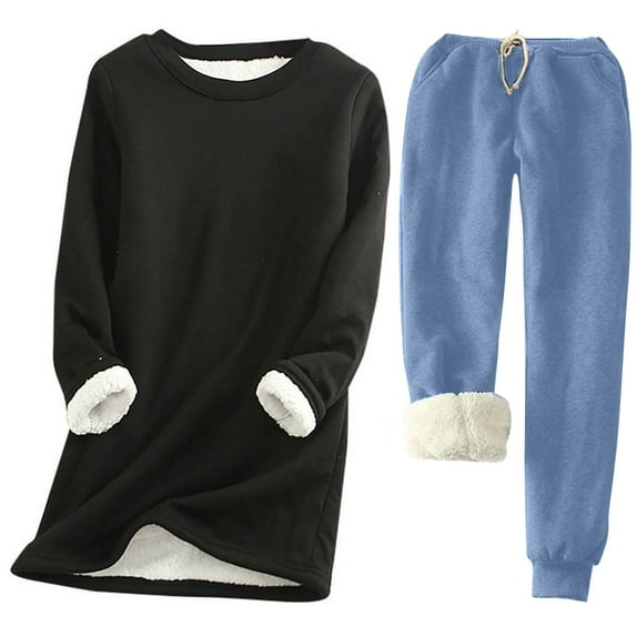 Two Piece Jogging Tracksuit Fleece Pajamas for Women,Fuzzy Lined Two Piece Set Crewneck Sweatsuit Warm Thermal Loungewear Sleepwear Outfits S-62 Blue 3XL