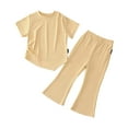 thumbnail image 1 of Two Piece Kids Ribbed Outfit Girls Asymmetrical Hem Crop Tees Wide Leg Pants Casual Summer Fashion Clothes Lounge Wear 12 Years, Yellow, 1 of 7