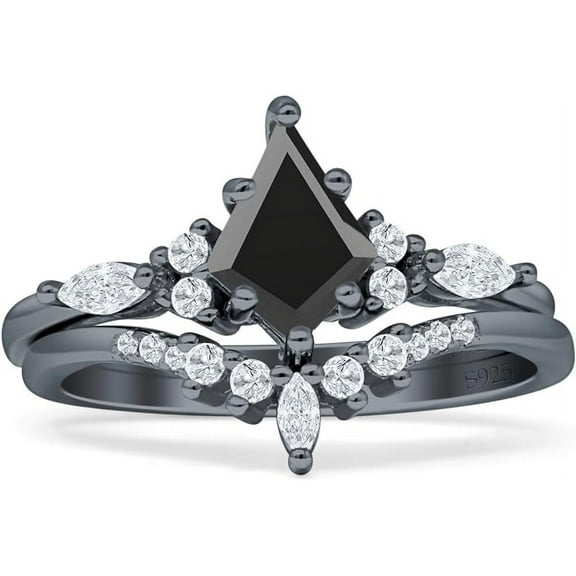 Two Piece Kite Bridal Ring Black Cubic Zirconia 925 Black Tone Sterling Silver, Size 6