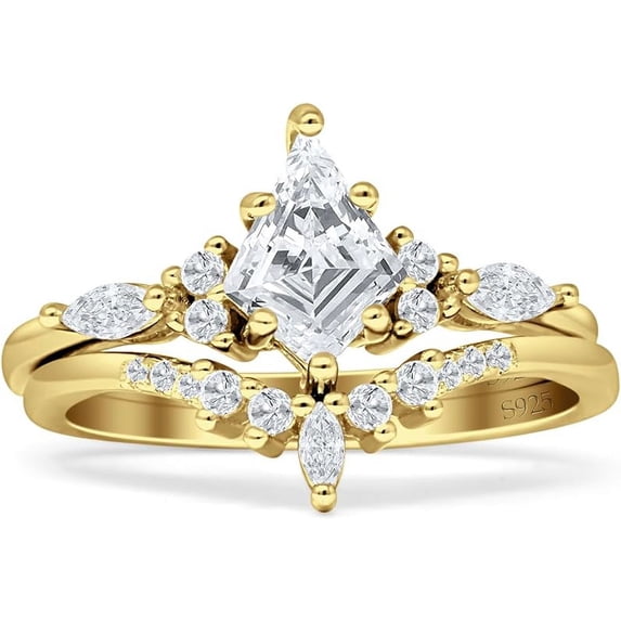 Two Piece Kite Bridal Ring Cubic Zirconia 925 Yellow Tone Sterling Silver, Size 9