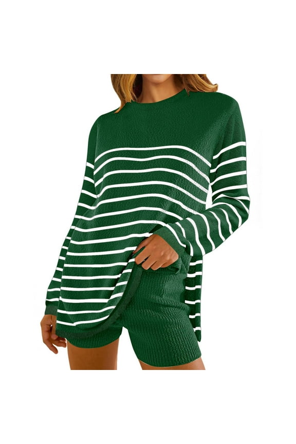Two Piece Knit Sets for Women Fall Casual Long Sleeve Tunic Top and High Waist Shorts Ribbed Knitwear Loungewear (2XL, Green)