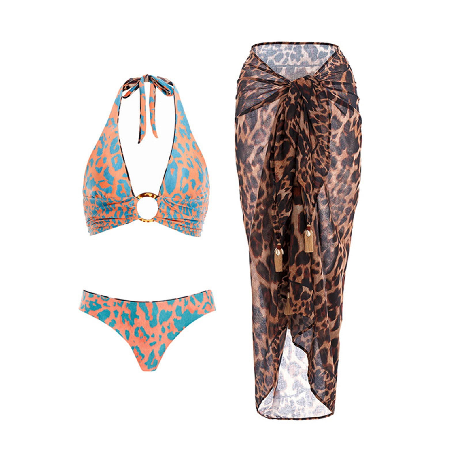 Two Piece Leopard Swimsuit for Women with Beach Cover Up Skirt Sexy O ...