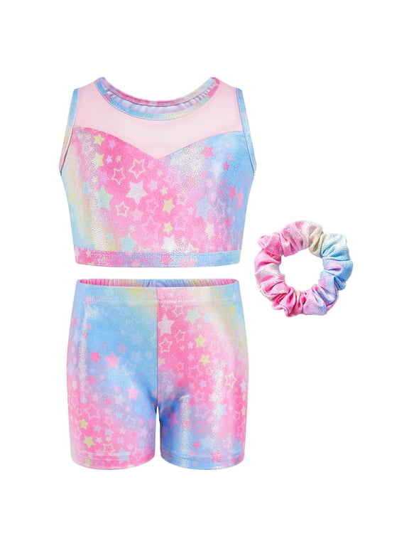2PCS Gymnastics Leotards for Girls, Hollow Back Design Sparkly Dance Biketards with Shorts Ballet Tumbling Outfit for Girl 5-10 Years