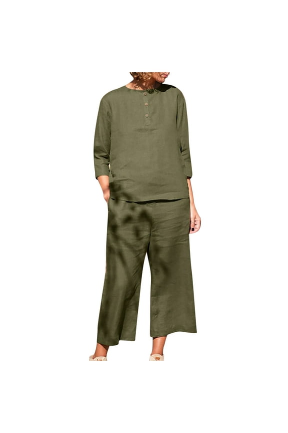 Two Piece Linen Sets Women Plus Size 22 Cotton Linen Half Sleeve Henley Shirt and Wide Leg Trousers Loose Fit Summer Lounge Wear Going Out Beach Suit Tracksuit Outfits