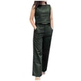 thumbnail image 1 of Two Piece Linen Sets for Women Two Piece Linen Sets for Women Clothing Set Female Round Neck Short Sleeve Tops Pants Sets Long Pant Style S_263 Women's Tracksuits Green-1 L, 1 of 5