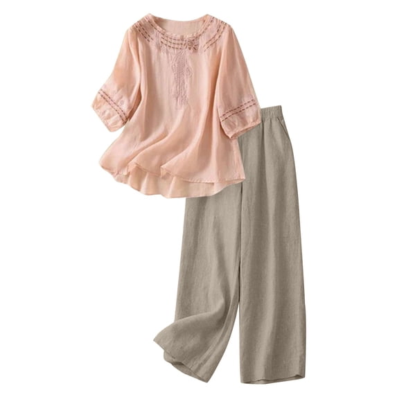 Two Piece Linen Sets For Women Womens Summer Sets 2 Piece Outfits For Women Shirt and Wide Leg Pants Outfits Women Sets 2 Piece Outfits Solid Color Work Blouses Best Two Piece Sets For Women