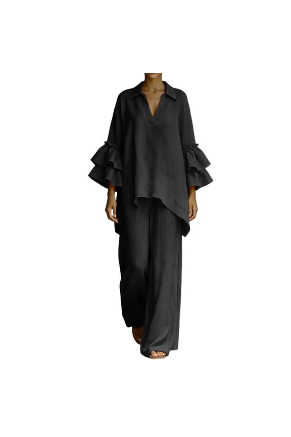 Two Piece Linen Sets for Women Casual Collared 3/4 Sleeve Layered Tops Palazzo Pants Plus Size Trendy Outfits Black 3XL