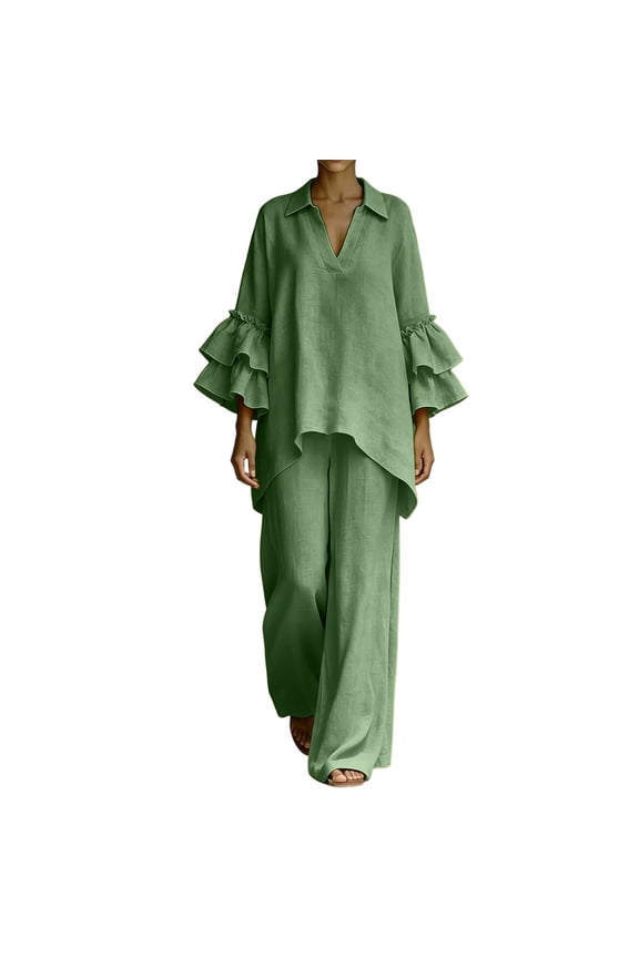 Two Piece Linen Sets for Women Casual Collared 3/4 Sleeve Layered Tops Palazzo Pants Plus Size Trendy Outfits Green L