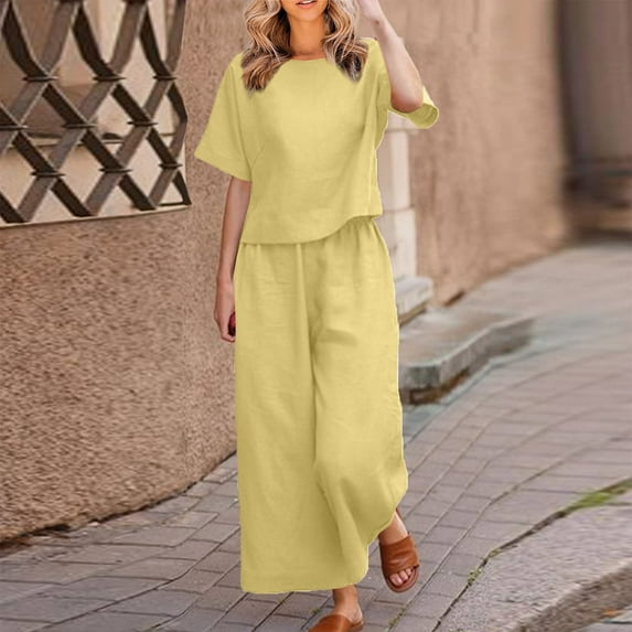 Two Piece Linen Sets for Women Short Sleece Solid Color Casual Tops Lightweight Outfits Lounge Drawstring Wide Legs Pants