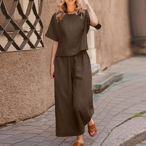 Two Piece Linen Sets for Women Short Sleece Solid Color Casual Tops Lightweight Outfits Lounge Drawstring Wide Legs Pants
