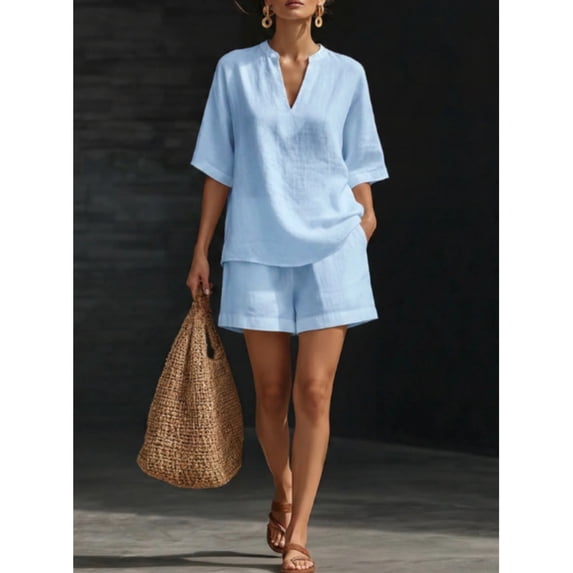 Two Piece Linen Short Sets for Women Short Sleeve V Neck Shirt Top and Shorts Casual Summer Travel Vacation Outfits Loose Short Sleeve